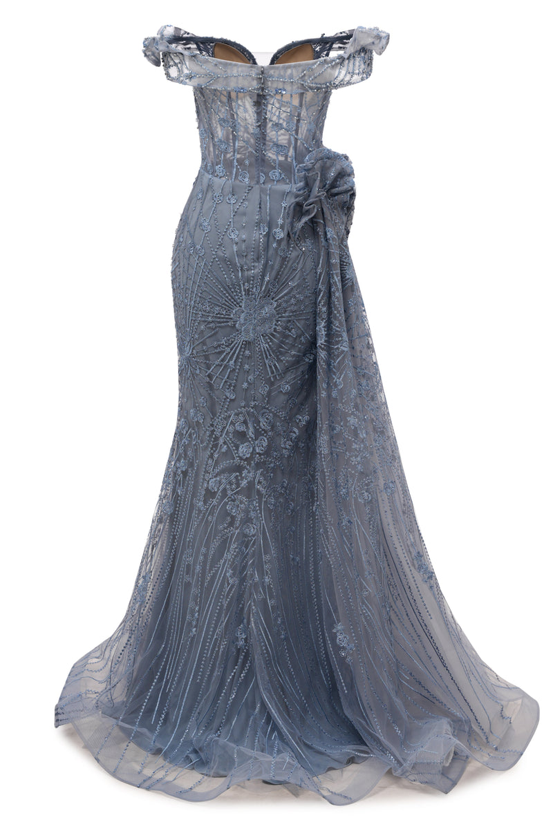 Sparkle Beaded Gray Off the shoulder Flowers Evening Dresses-showprettydress