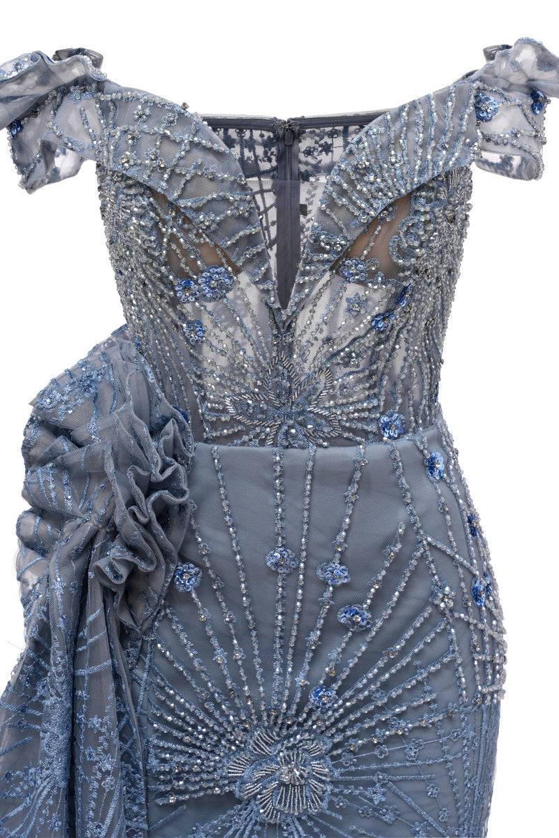 Sparkle Beaded Gray Off the shoulder Flowers Evening Dresses-showprettydress