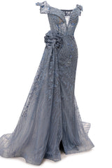 Sparkle Beaded Gray Off the shoulder Flowers Evening Dresses-showprettydress