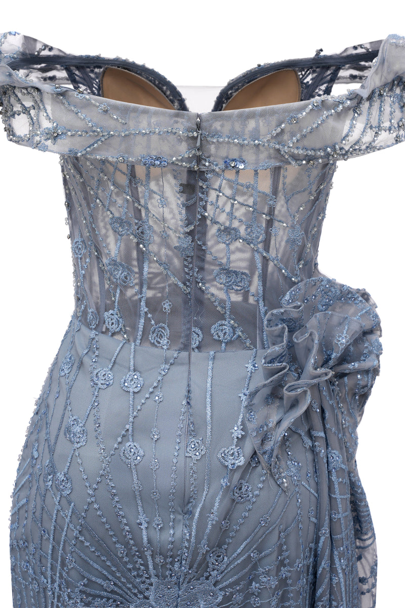 Sparkle Beaded Gray Off the shoulder Flowers Evening Dresses-showprettydress