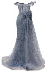Sparkle Beaded Gray Off the shoulder Flowers Evening Dresses-showprettydress