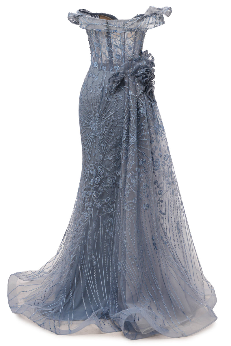 Sparkle Beaded Gray Off the shoulder Flowers Evening Dresses-showprettydress