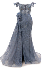 Sparkle Beaded Gray Off the shoulder Flowers Evening Dresses-showprettydress