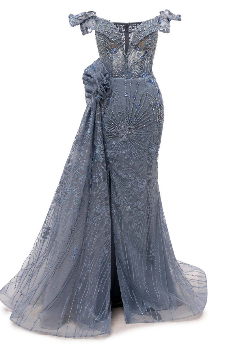Sparkle Beaded Gray Off the shoulder Flowers Evening Dresses-showprettydress