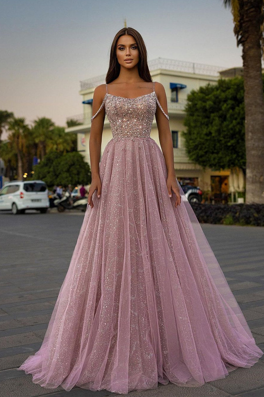 Sparkle Beaded Spaghetti straps A-line Pink Princess Prom Dress-showprettydress
