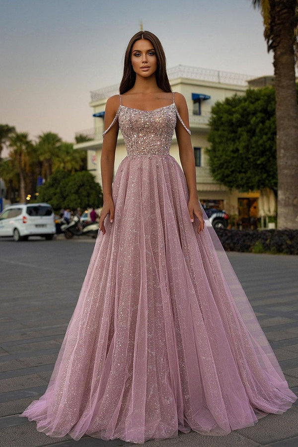 Sparkle Beaded Spaghetti straps A-line Pink Princess Prom Dress-showprettydress