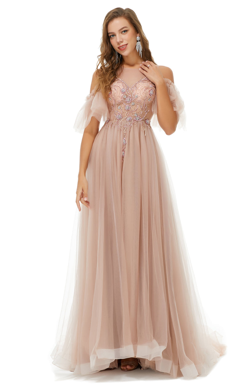 Sparkle Champange Long Beaded Cool shoulder A-line Beaded Prom Dresses-showprettydress