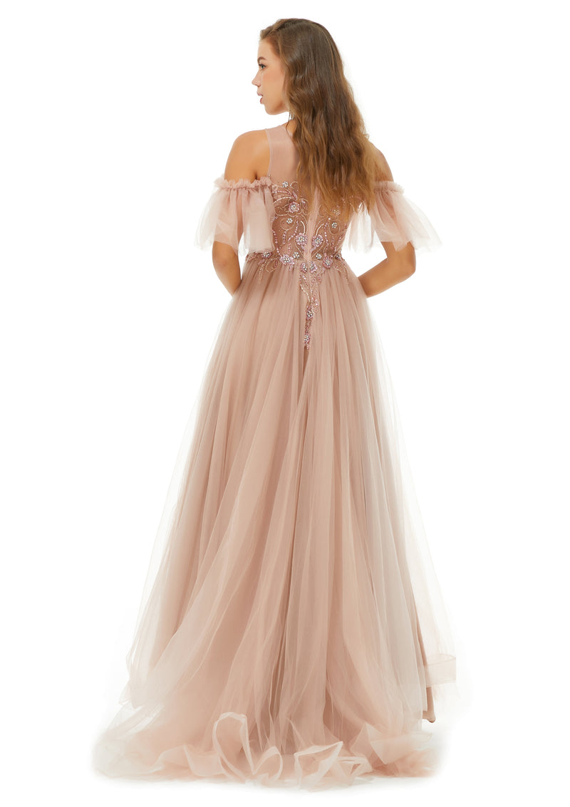 Sparkle Champange Long Beaded Cool shoulder A-line Beaded Prom Dresses-showprettydress