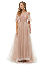 Sparkle Champange Long Beaded Cool shoulder A-line Beaded Prom Dresses-showprettydress