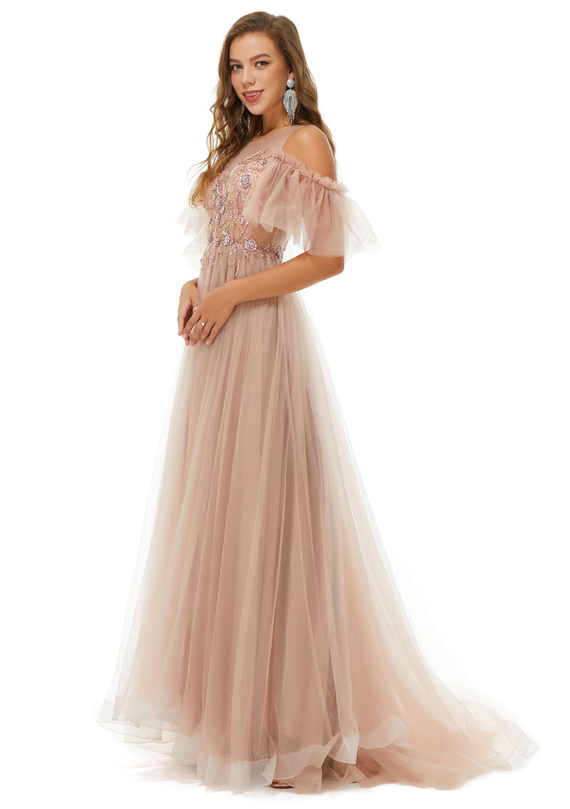 Sparkle Champange Long Beaded Cool shoulder A-line Beaded Prom Dresses-showprettydress