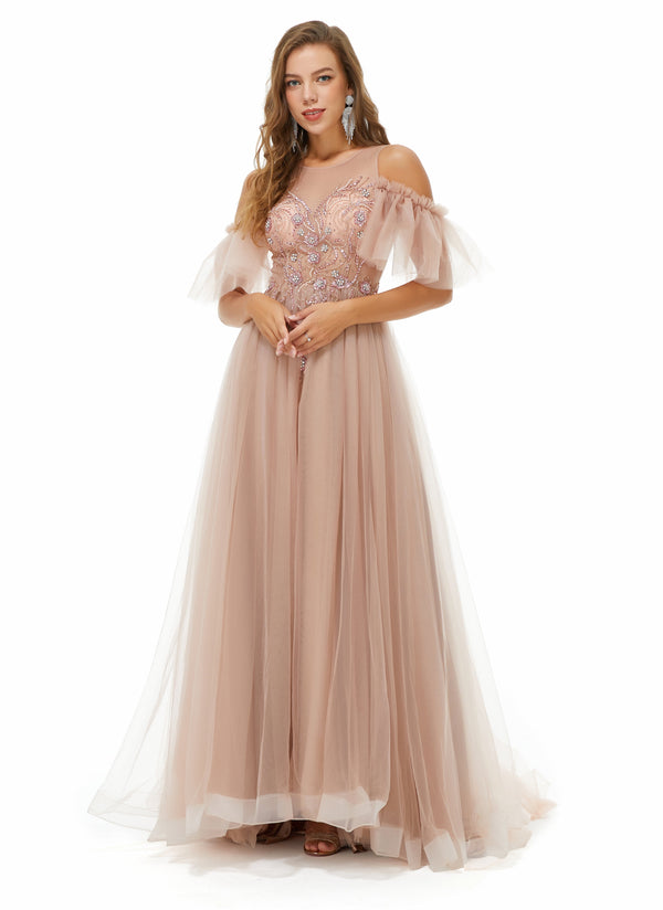 Sparkle Champange Long Beaded Cool shoulder A-line Beaded Prom Dresses-showprettydress