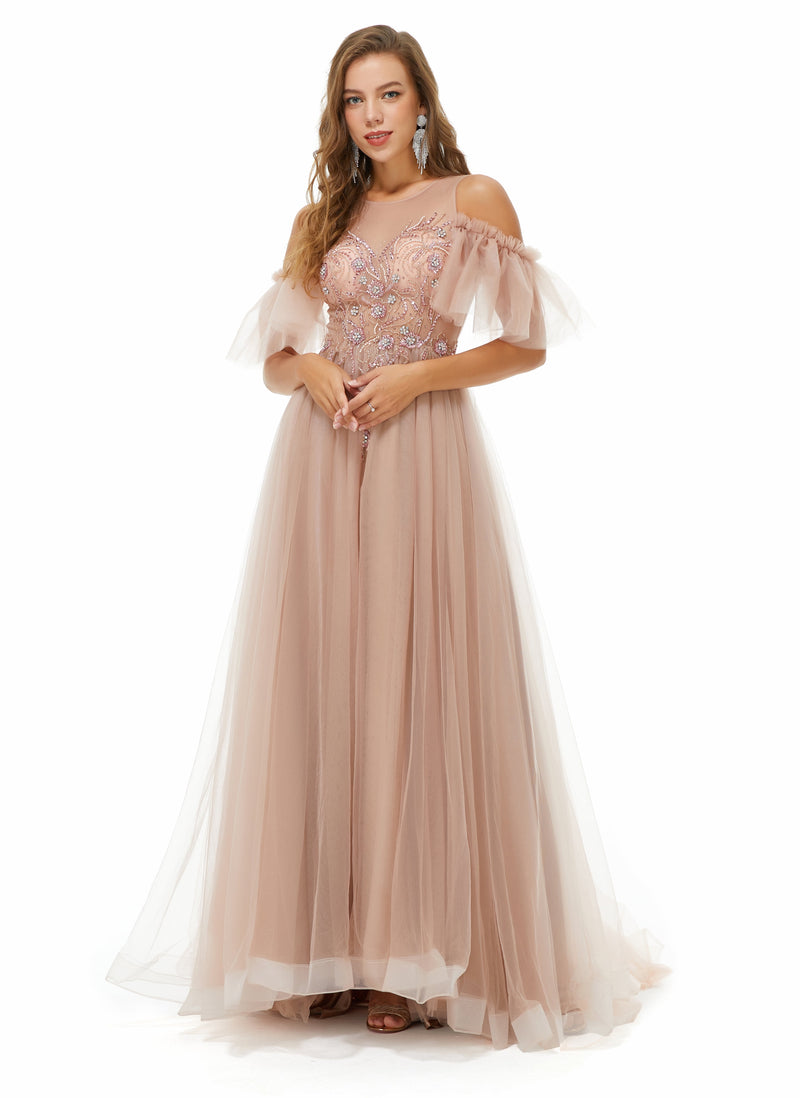 Sparkle Champange Long Beaded Cool shoulder A-line Beaded Prom Dresses-showprettydress
