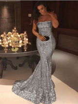 Sparkle Gold Sequins Mermaid Evening Gowns Chic Strapless Prom Dresses-showprettydress