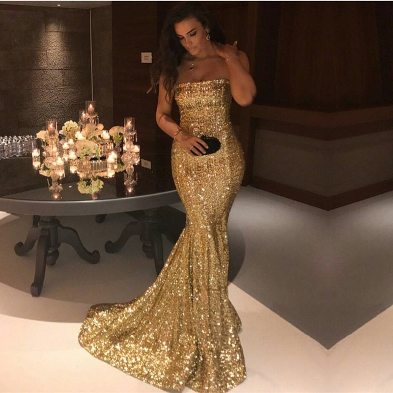 Sparkle Gold Sequins Mermaid Evening Gowns Chic Strapless Prom Dresses-showprettydress