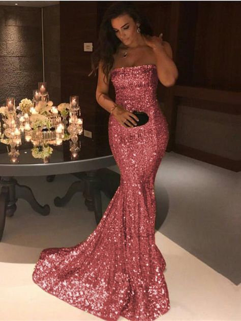 Sparkle Gold Sequins Mermaid Evening Gowns Chic Strapless Prom Dresses-showprettydress