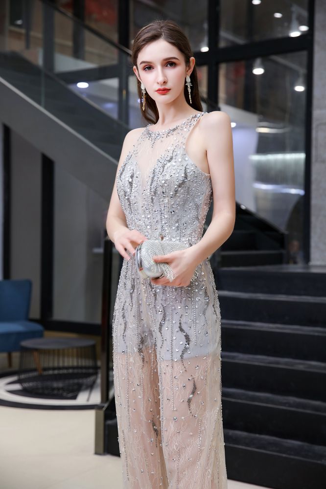 Sparkle Illusion High neck See-through Prom Jumpsuit-showprettydress