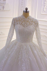 Sparkle Lace Ball Gown High Neck Tull Long Sleevess Wedding Dress-showprettydress