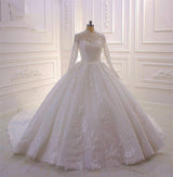 Sparkle Lace Ball Gown High Neck Tull Long Sleevess Wedding Dress-showprettydress