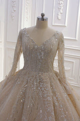 Sparkle Lace Long Sleevess Champange Luxurious corset Wedding Dress-showprettydress