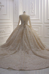 Sparkle Lace Long Sleevess Champange Luxurious corset Wedding Dress-showprettydress