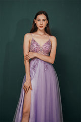 Sparkle Lilac Tulle High-split Spaghetti Strap Prom Dress-showprettydress
