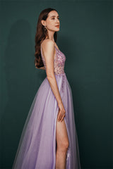 Sparkle Lilac Tulle High-split Spaghetti Strap Prom Dress-showprettydress
