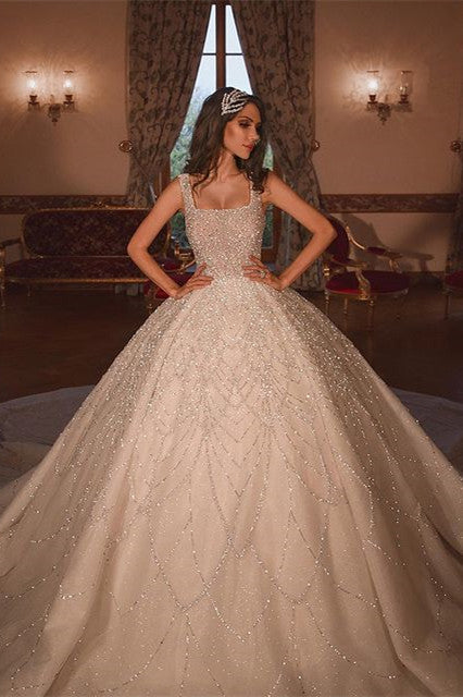 Sparkle Luxurious Ball Gown Square Neck Tulle Long Train Wedding Dress-showprettydress