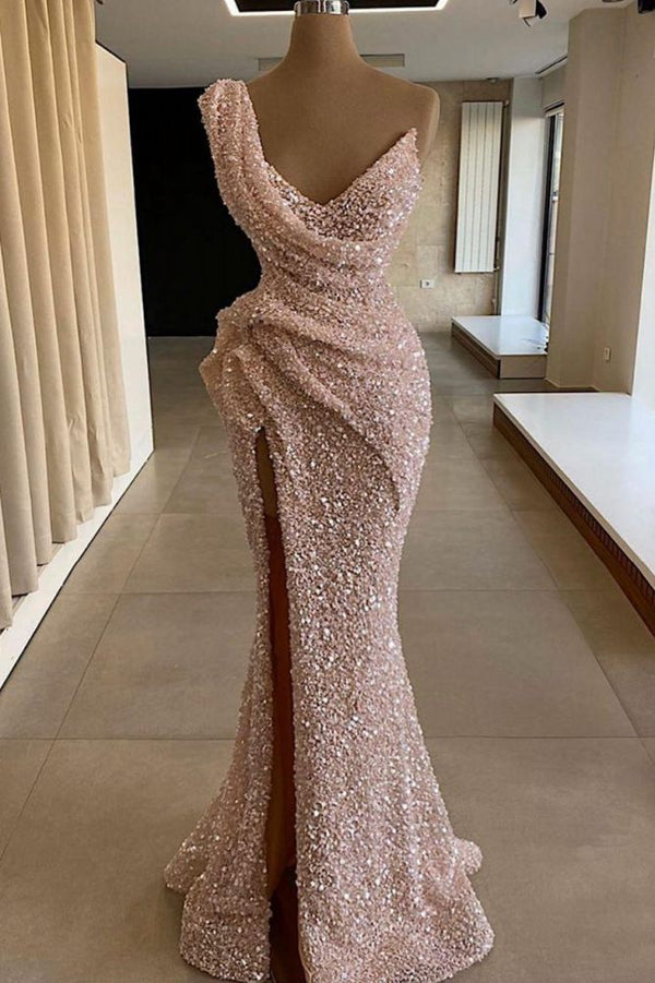 Sparkle One shoulder Sleeveless Sequined Mermaid Prom Party Gowns-showprettydress