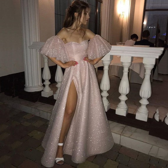 Sparkle Pearl Pink Sequined High Split A-line Prom Party Gowns with Bracelet-showprettydress