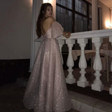 Sparkle Pearl Pink Sequined High Split A-line Prom Party Gowns with Bracelet-showprettydress