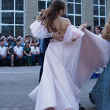 Sparkle Pearl Pink Sequined High Split A-line Prom Party Gowns with Bracelet-showprettydress