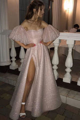 Sparkle Pearl Pink Sequined High Split A-line Prom Party Gowns with Bracelet-showprettydress