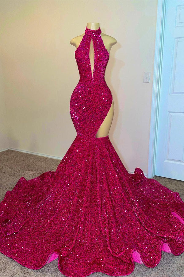 Sparkle Sequined Fuchsia High neck mermaid Keyhole asymmetric cut Prom Dress-showprettydress