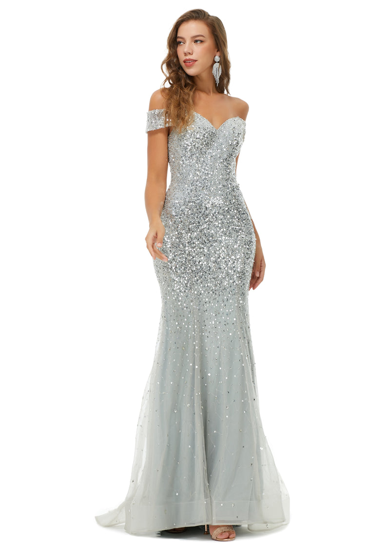 Sparkle Silver Long Mermaid Beaded Off-the-shoulder Prom Dresses with Cap Sleeves-showprettydress