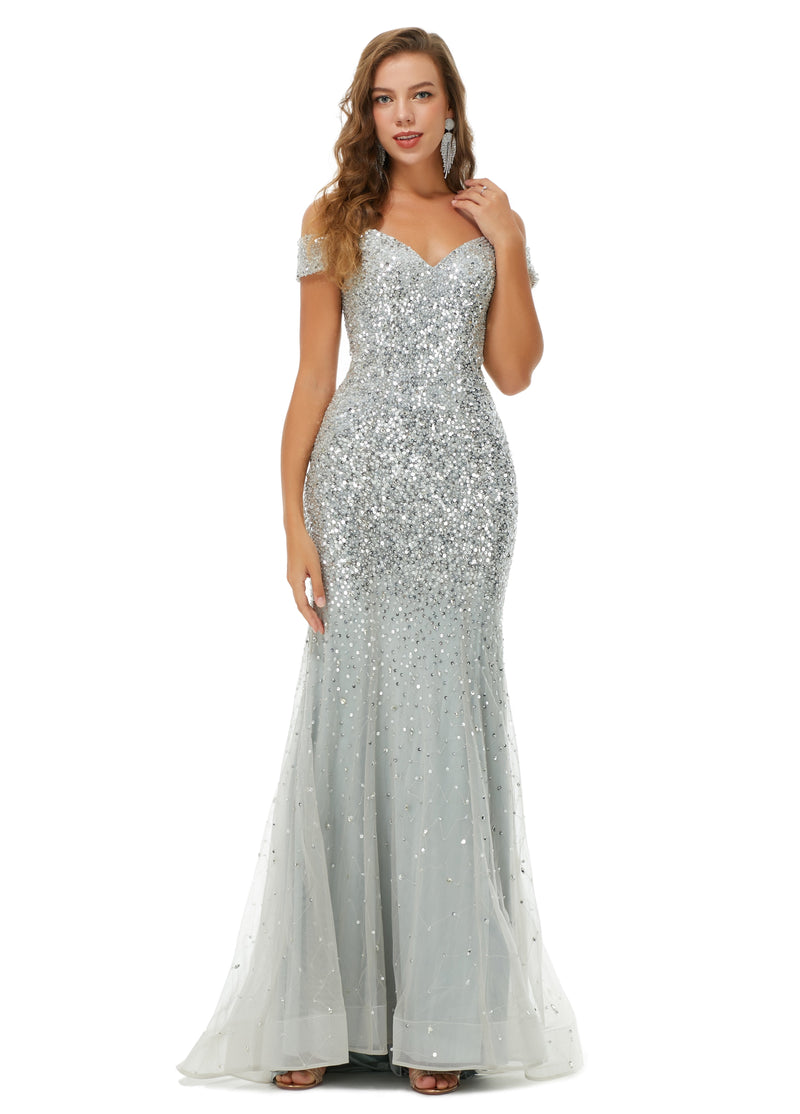 Sparkle Silver Long Mermaid Beaded Off-the-shoulder Prom Dresses with Cap Sleeves-showprettydress