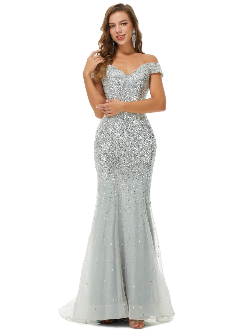 Sparkle Silver Long Mermaid Beaded Off-the-shoulder Prom Dresses with Cap Sleeves-showprettydress