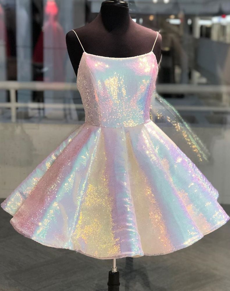 Sparkle Spaghetti Straps Sleeveless Homecoming Dress A Line Sequins Short Mini Cocktail Dress-showprettydress