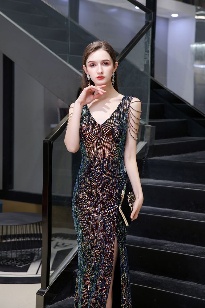 Sparkle V-neck High split Sleeveless Black Evening Dress On Sale-showprettydress