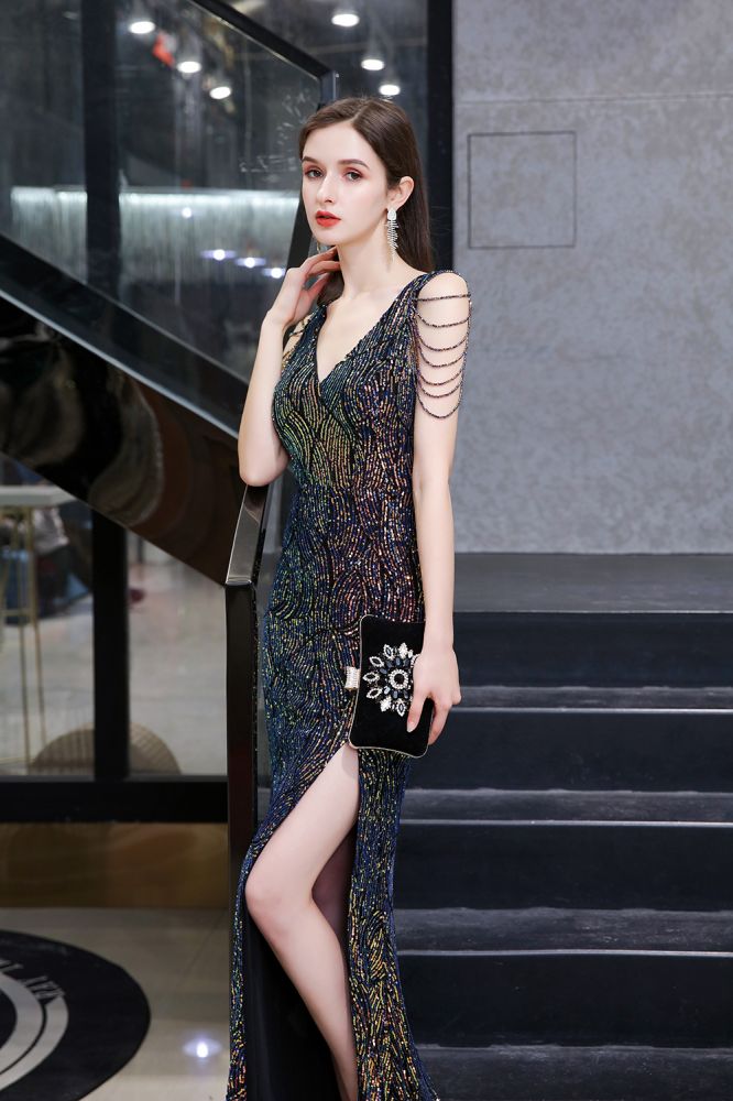 Sparkle V-neck High split Sleeveless Black Evening Dress On Sale-showprettydress