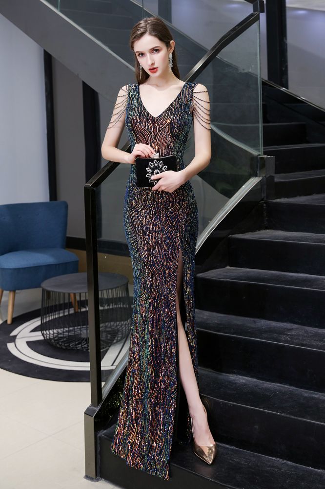 Sparkle V-neck High split Sleeveless Black Evening Dress On Sale-showprettydress