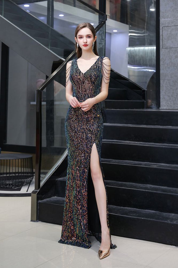 Sparkle V-neck High split Sleeveless Black Evening Dress On Sale-showprettydress