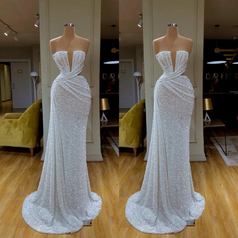 Sparkle White Long Mermaid Plunging V-neck Sequined Prom Dress-showprettydress