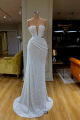 Sparkle White Long Mermaid Plunging V-neck Sequined Prom Dress-showprettydress