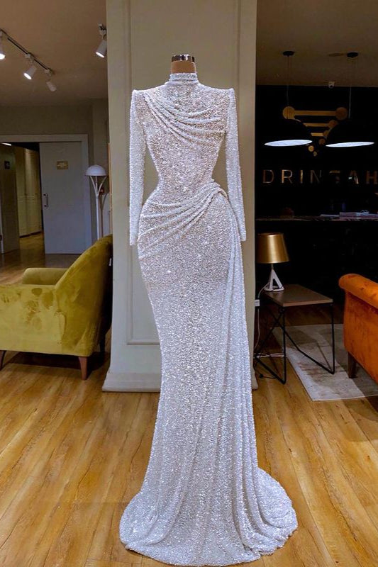 Sparkle White Long Mermaid Sequin Pleated Prom Dress with Sleeves