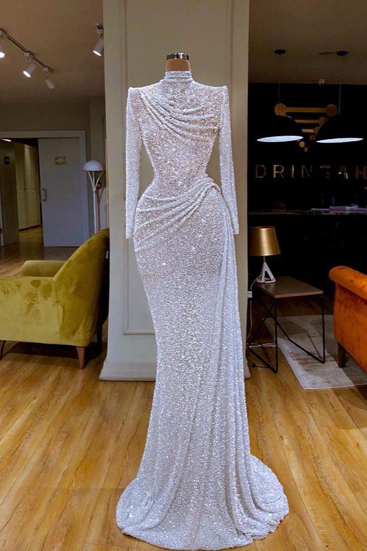 Sparkle White Long Mermaid Sequin Pleated Prom Dress with Sleeves-showprettydress