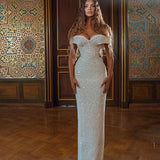 Sparkle White Off-the-shoulder Sequined Column Wedding Dress-showprettydress