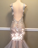 Sparkling Crystal Straps Chic V-neck Prom Dresses Open Back Fit and Flare Alluring Evening Gowns-showprettydress