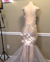 Sparkling Crystal Straps Chic V-neck Prom Dresses Open Back Fit and Flare Alluring Evening Gowns-showprettydress