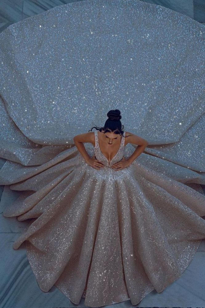 Sparkling Long Ball Gown V-neck Sequined Wedding Dresses with Embellishments-showprettydress