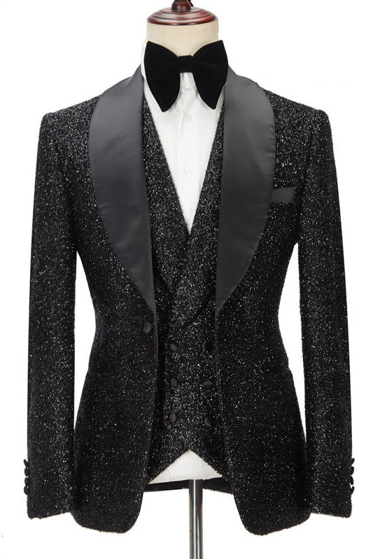 Sparkly Black Three Pieces Shawl Lapel Bespoke Wedding Suit for Men-showprettydress